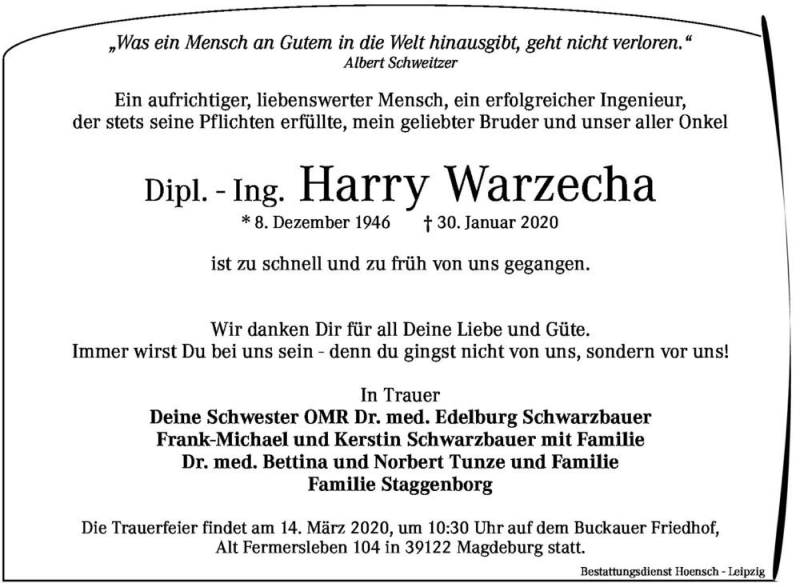  Traueranzeige für Harry Warzecha  vom 29.02.2020 aus Magdeburger Volksstimme