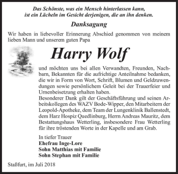 Traueranzeige von Harry Wolf  von Magdeburger Volksstimme