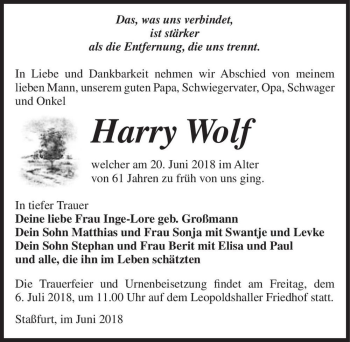 Traueranzeige von Harry Wolf  von Magdeburger Volksstimme