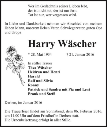 Traueranzeige von Harry Wäscher  von Magdeburger Volksstimme