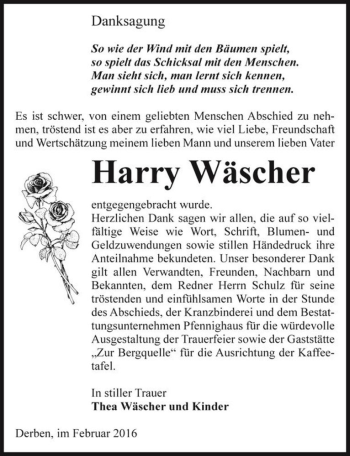 Traueranzeige von Harry Wäscher  von Magdeburger Volksstimme