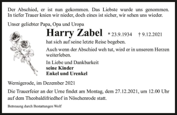Traueranzeige von Harry Zabel  von Magdeburger Volksstimme