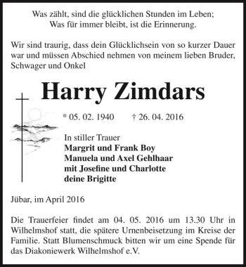 Traueranzeige von Harry Zimdars  von Magdeburger Volksstimme