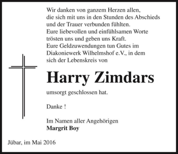 Traueranzeige von Harry Zimdars  von Magdeburger Volksstimme