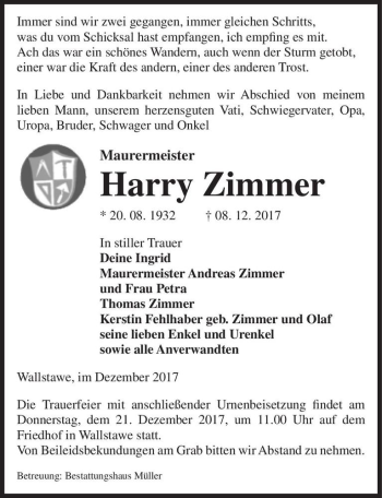 Traueranzeige von Harry Zimmer  von Magdeburger Volksstimme
