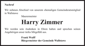 Traueranzeige von Harry Zimmer  von Magdeburger Volksstimme