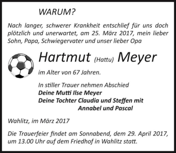 Traueranzeige von Hartmut (Hattu) Meyer  von Magdeburger Volksstimme