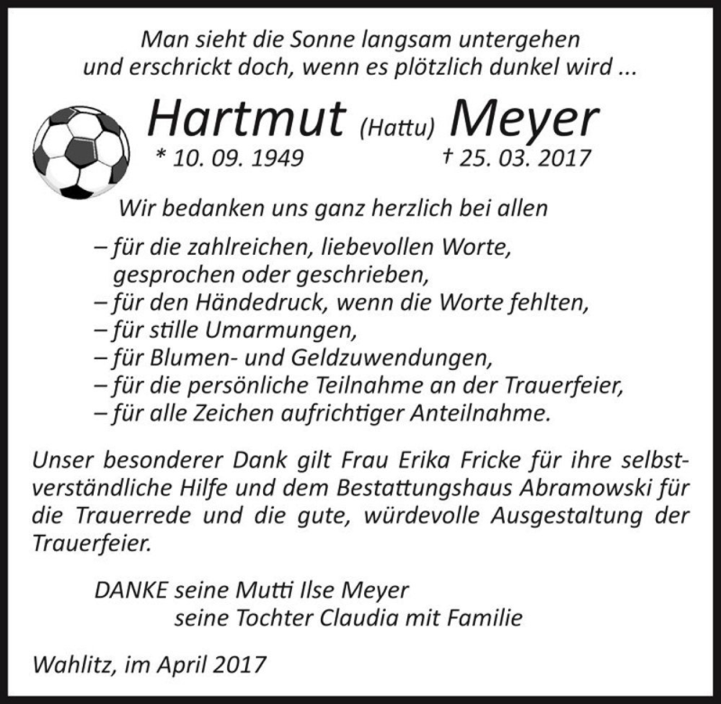  Traueranzeige für Hartmut (Hattu) Meyer  vom 13.05.2017 aus Magdeburger Volksstimme