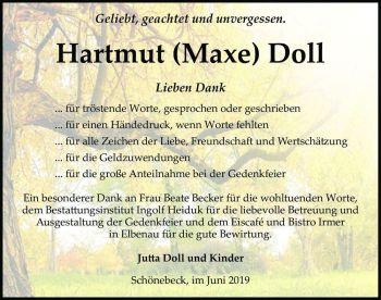 Traueranzeige von Hartmut (Maxe) Doll  von Magdeburger Volksstimme