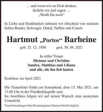 Traueranzeige von Hartmut 