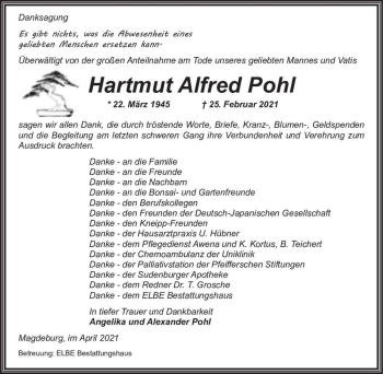 Traueranzeige von Hartmut Alfred Pohl  von Magdeburger Volksstimme
