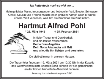 Traueranzeige von Hartmut Alfred Pohl  von Magdeburger Volksstimme