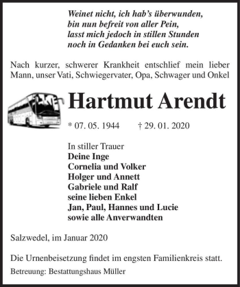 Traueranzeige von Hartmut Arendt  von Magdeburger Volksstimme