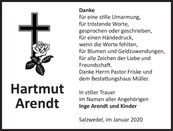 Traueranzeige von Hartmut Arendt  von Magdeburger Volksstimme