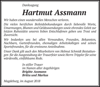 Traueranzeige von Hartmut Assmann  von Magdeburger Volksstimme