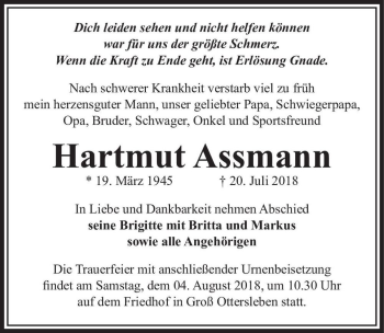 Traueranzeige von Hartmut Assmann  von Magdeburger Volksstimme