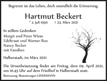 Traueranzeige von Hartmut Beckert  von Magdeburger Volksstimme