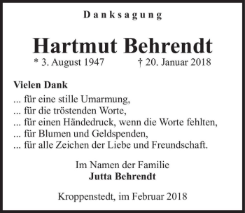 Traueranzeige von Hartmut Behrendt  von Magdeburger Volksstimme
