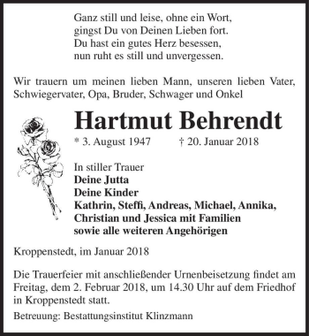 Traueranzeige von Hartmut Behrendt  von Magdeburger Volksstimme