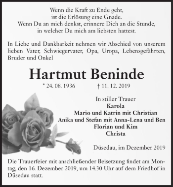 Traueranzeige von Hartmut Beninde  von Magdeburger Volksstimme