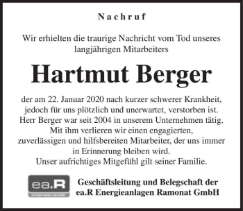 Traueranzeige von Hartmut Berger  von Magdeburger Volksstimme