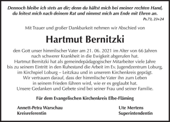 Traueranzeige von Hartmut Bernitzki  von Magdeburger Volksstimme