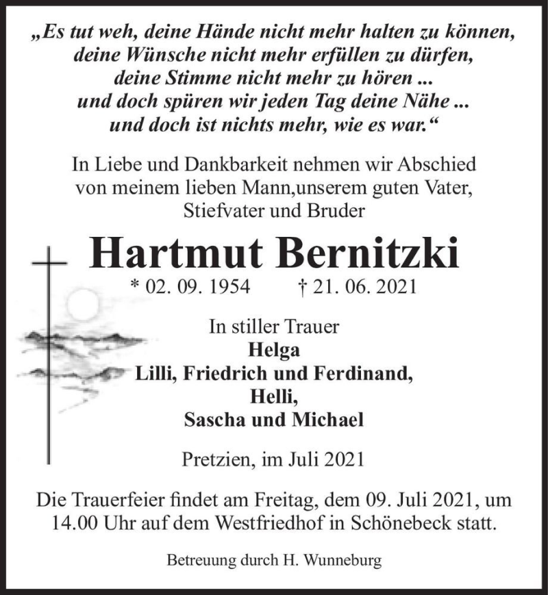  Traueranzeige für Hartmut Bernitzki  vom 03.07.2021 aus Magdeburger Volksstimme
