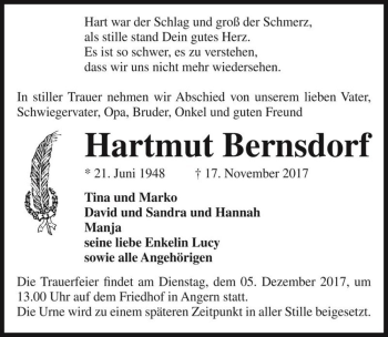 Traueranzeige von Hartmut Bernsdorf  von Magdeburger Volksstimme