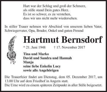 Traueranzeige von Hartmut Bernsdorf  von Magdeburger Volksstimme