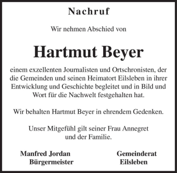 Traueranzeige von Hartmut Beyer  von Magdeburger Volksstimme
