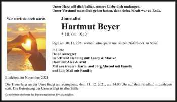 Traueranzeige von Hartmut Beyer  von Magdeburger Volksstimme
