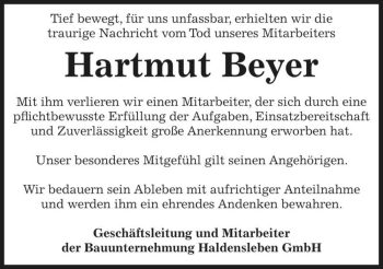 Traueranzeige von Hartmut Beyer  von Magdeburger Volksstimme
