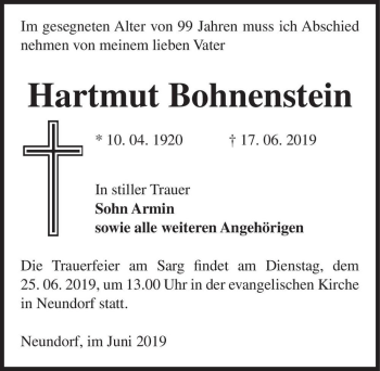 Traueranzeige von Hartmut Bohnenstein  von Magdeburger Volksstimme