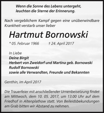 Traueranzeige von Hartmut Bornowski  von Magdeburger Volksstimme