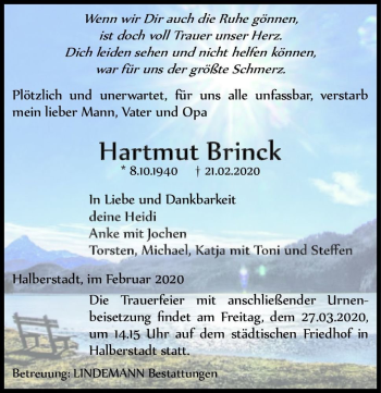 Traueranzeige von Hartmut Brinck  von Magdeburger Volksstimme