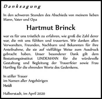 Traueranzeige von Hartmut Brinck  von Magdeburger Volksstimme