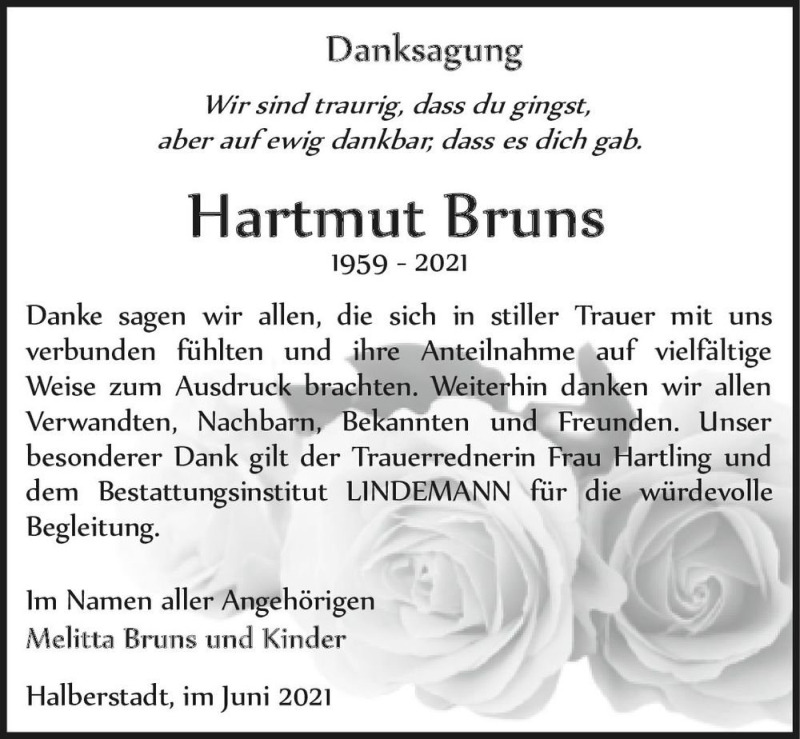  Traueranzeige für Hartmut Bruns  vom 12.06.2021 aus Magdeburger Volksstimme