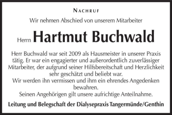 Traueranzeige von Hartmut Buchwald  von Magdeburger Volksstimme