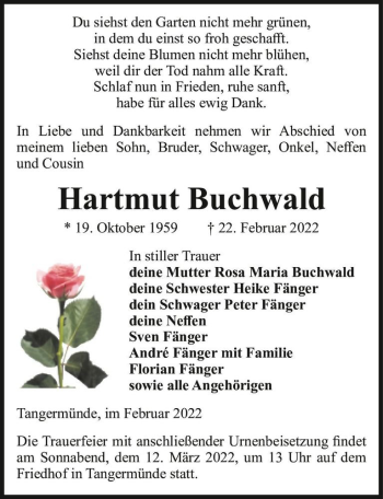 Traueranzeige von Hartmut Buchwald  von Magdeburger Volksstimme