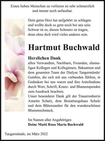 Traueranzeige von Hartmut Buchwald  von Magdeburger Volksstimme