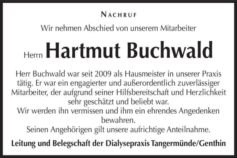  Traueranzeige für Hartmut Buchwald  vom 03.03.2022 aus Magdeburger Volksstimme
