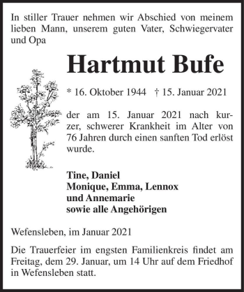 Traueranzeige von Hartmut Bufe  von Magdeburger Volksstimme