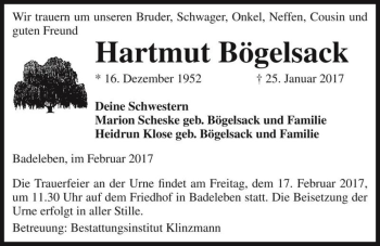 Traueranzeige von Hartmut Bögelsack  von Magdeburger Volksstimme