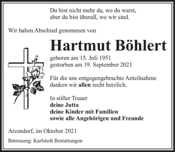 Traueranzeige von Hartmut Böhlert  von Magdeburger Volksstimme