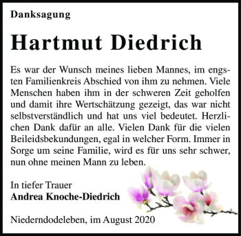 Traueranzeige von Hartmut Diedrich  von Magdeburger Volksstimme