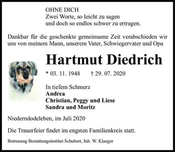 Traueranzeige von Hartmut Dietrich  von Magdeburger Volksstimme