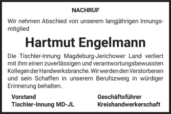Traueranzeige von Hartmut Engelmann  von Magdeburger Volksstimme