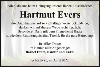 Traueranzeige von Hartmut Evers  von Magdeburger Volksstimme
