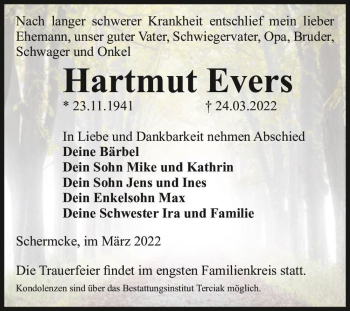 Traueranzeige von Hartmut Evers  von Magdeburger Volksstimme