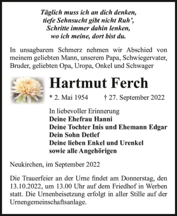 Traueranzeige von Hartmut Ferch  von Magdeburger Volksstimme